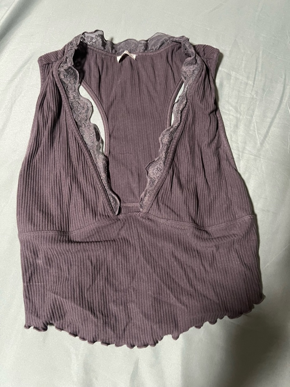 Intimately by Free People Ribbed Lace-Trim Deep V Neck Top - Plum